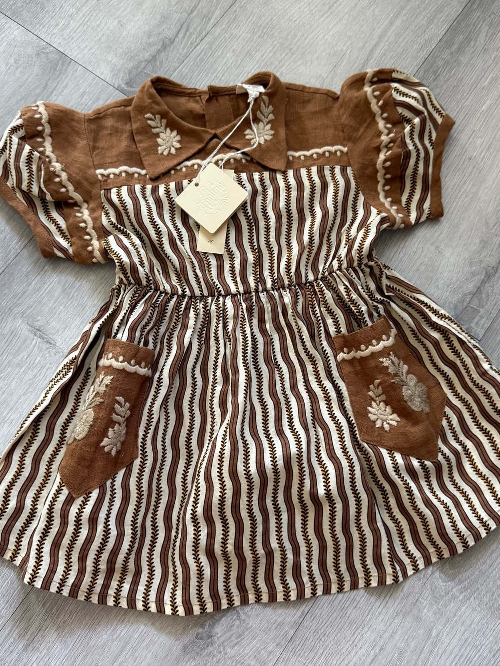 Apolina Girls Brown Striped Embroidered Cotton Dress NWT size2-3y